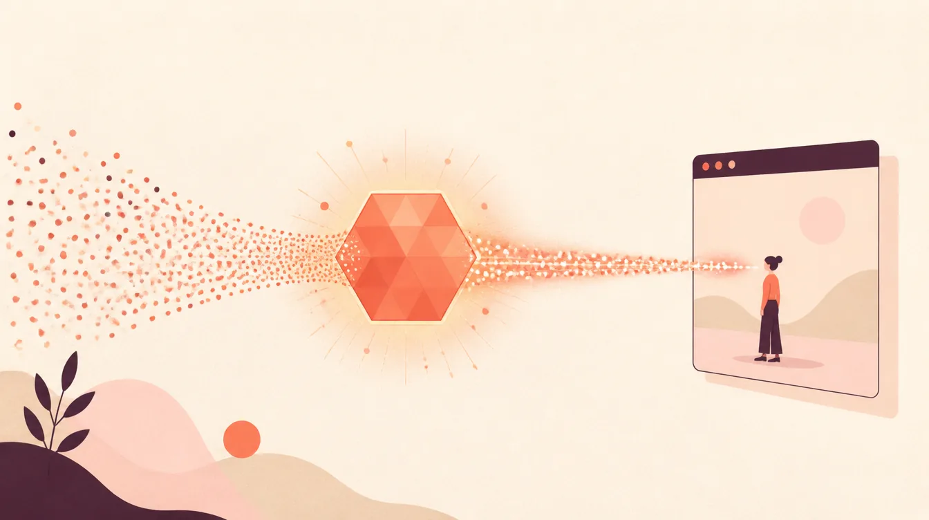 Flat illustration of a stream of glowing orange dots flowing toward a browser window; a large hexagonal AI node in the centre absorbs most of the stream while a thinner, brighter ribbon continues through to the site, where a single figure waits.