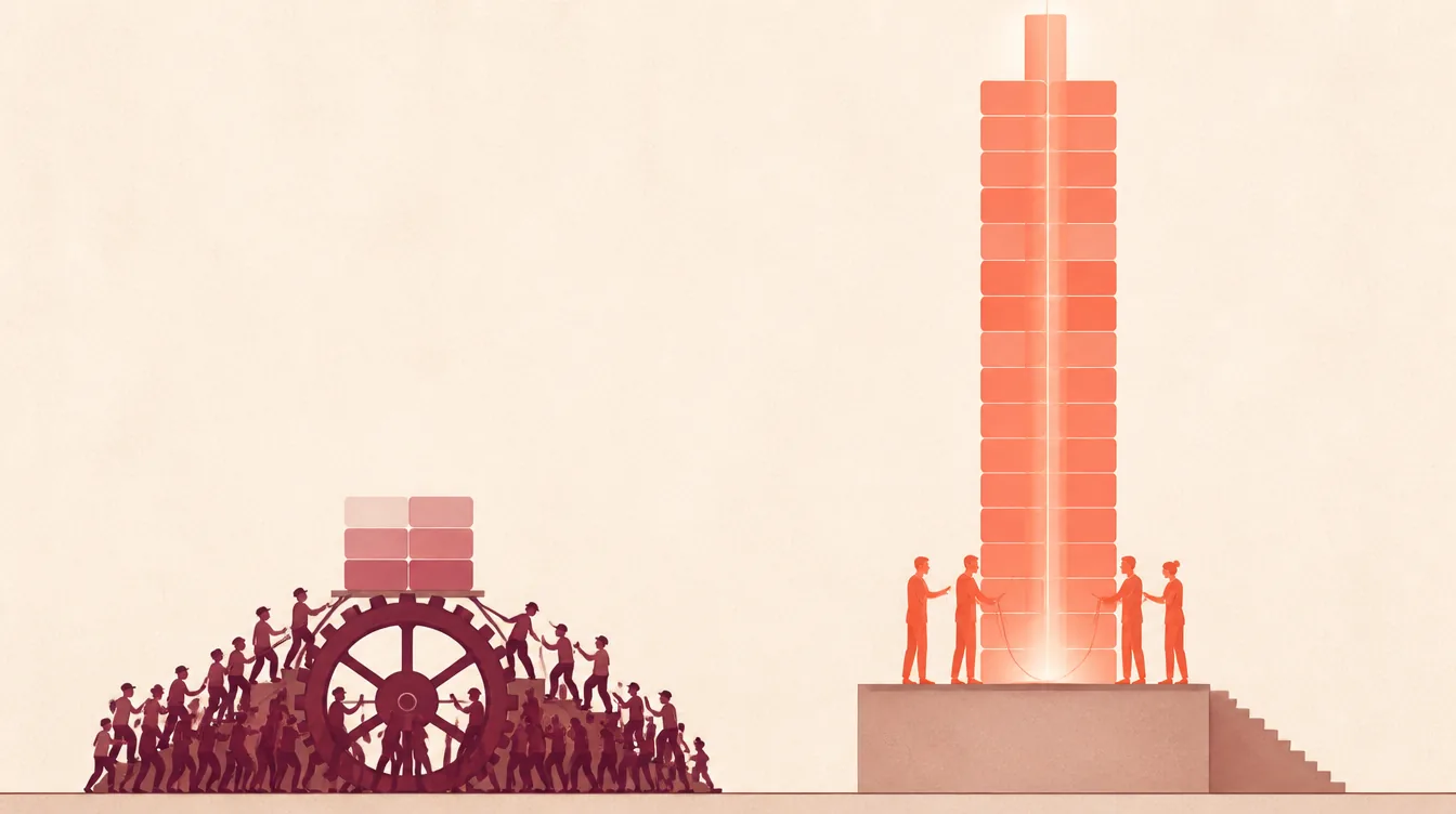 Flat illustration contrasting two approaches: on the left a large crowd of dark silhouettes turning a heavy gear to produce a short stack of blocks, on the right a small group of orange figures guiding a glowing beam into a much taller column of blocks.