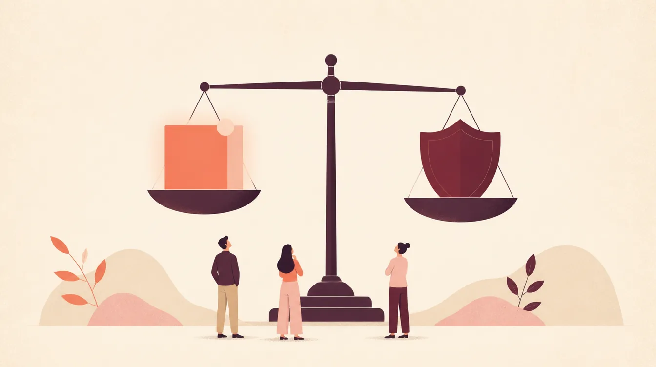 Flat illustration of balance scales weighing a glowing orange advertisement panel bearing a small disclosure badge against a solid deep-wine shield, sitting close to level with three small figures looking up from the base.