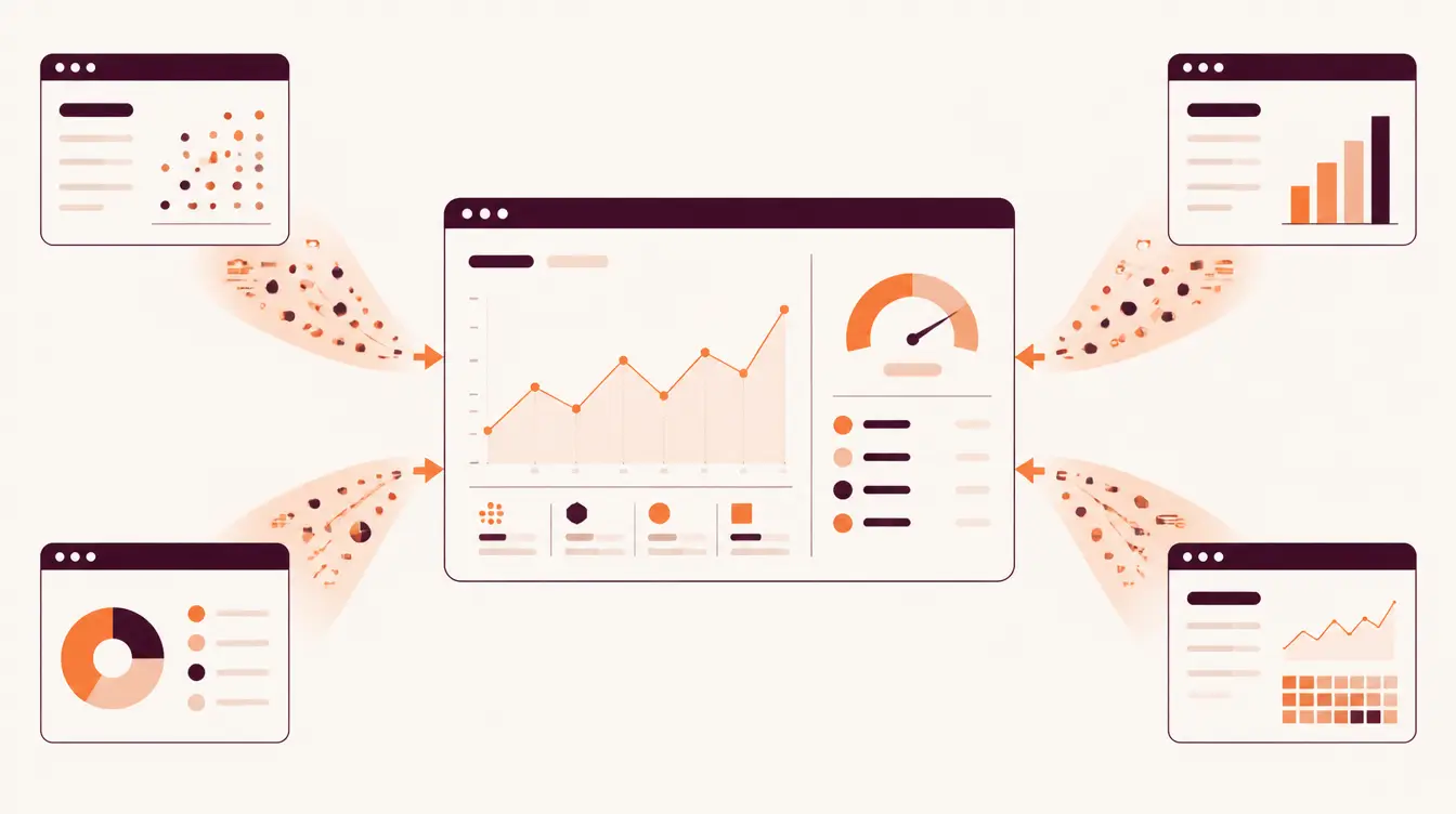 Illustration de quatre fenêtres d'applications envoyant leurs données d'usage vers un tableau de bord IA multi-plateformes unifié avec un graphique consolidé et une jauge de coût