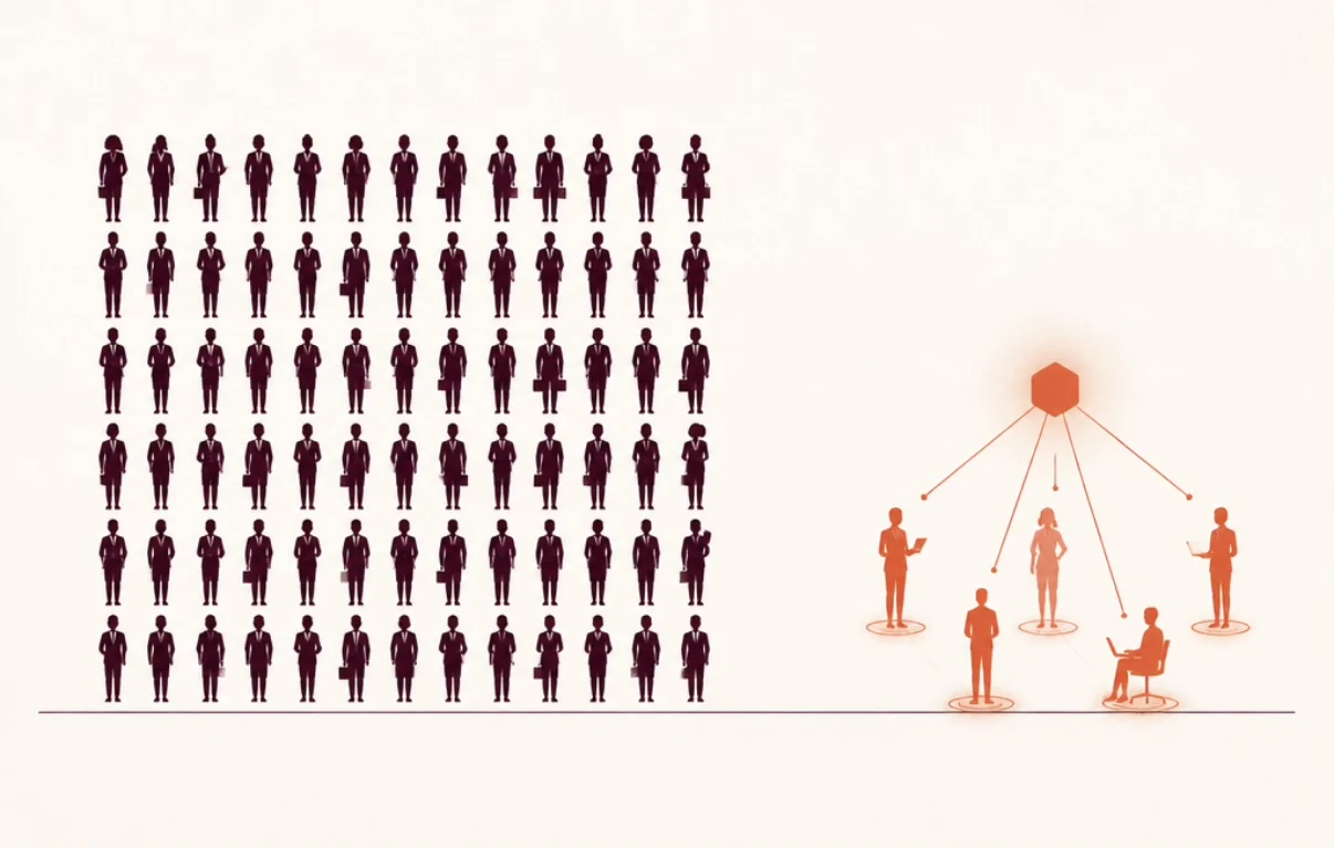 Illustration du fossé d'adoption de l'IA : une grande grille de silhouettes de salariés en sombre, représentant les 91 % d'entreprises qui paient des licences IA, face à un petit groupe de figures orange reliées à un système d'IA, représentant les 21 % de salariés qui s'en servent vraiment.